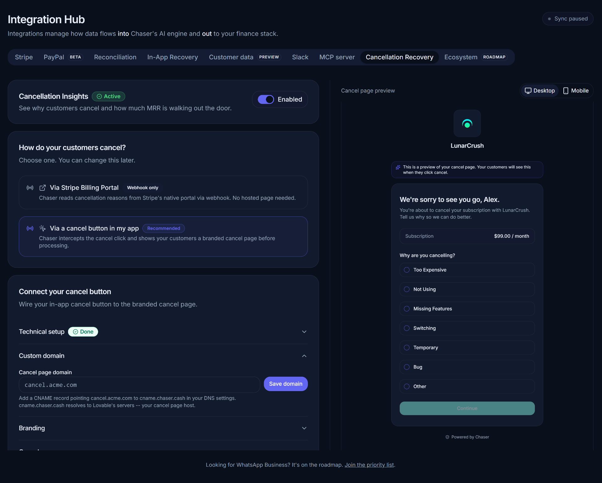 The Cancellation Recovery integration hub: enable Cancellation Insights, choose how customers cancel (Stripe Billing Portal or in-app button), connect your cancel button with custom domain and branding, and preview the branded cancel page your customers will see.