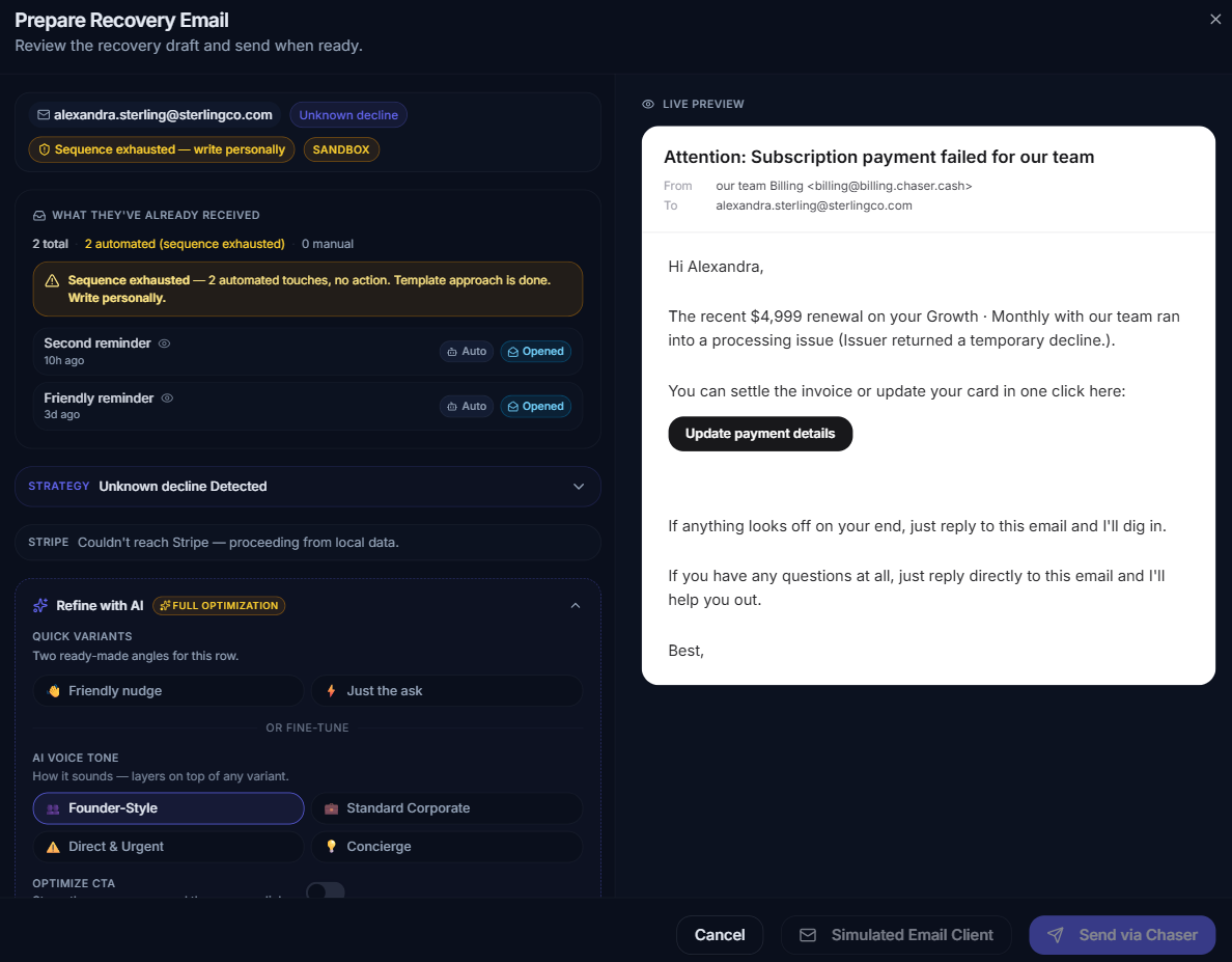The recovery composer: received history, the sequence-exhausted warning, AI voice tones, and a live preview before a human approves the send.
