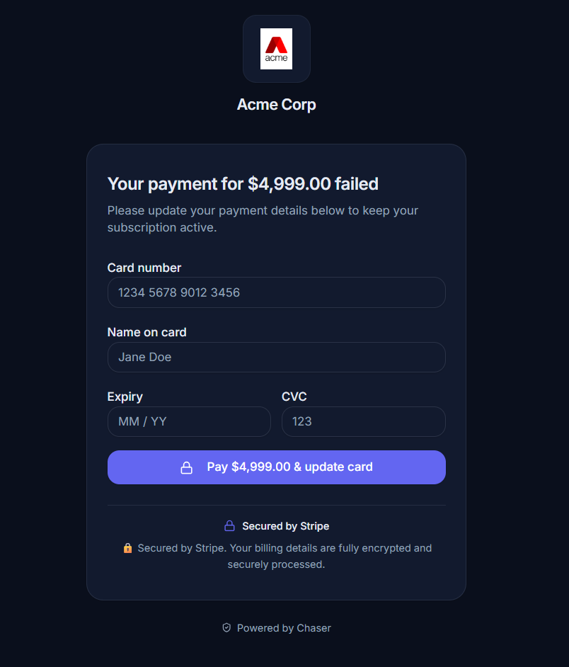 The hosted card-update page: your logo and colors, with card fields served and tokenized by Stripe.