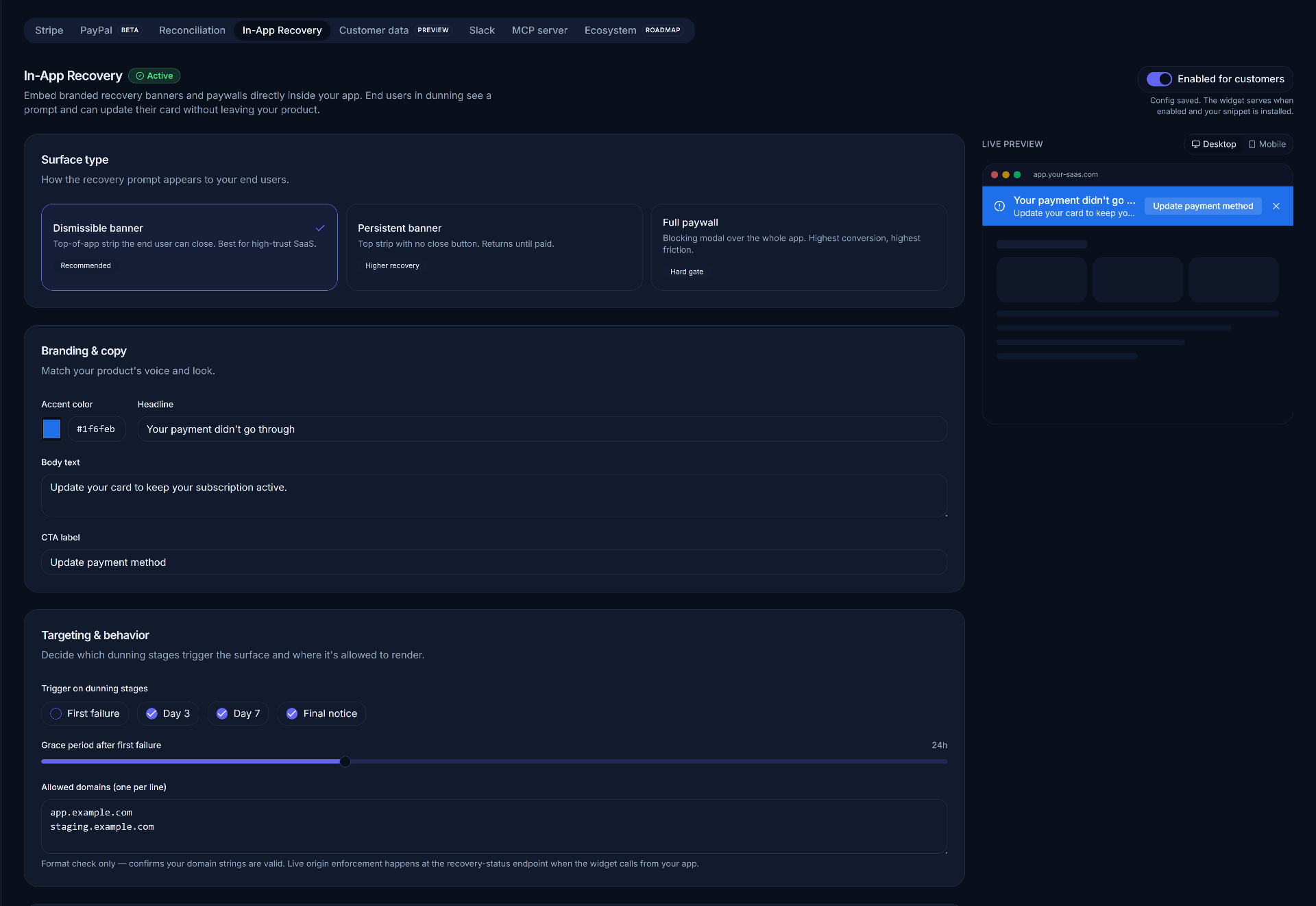The In-App Recovery settings page: surface type selection, branding and copy controls, targeting behavior, and live preview.