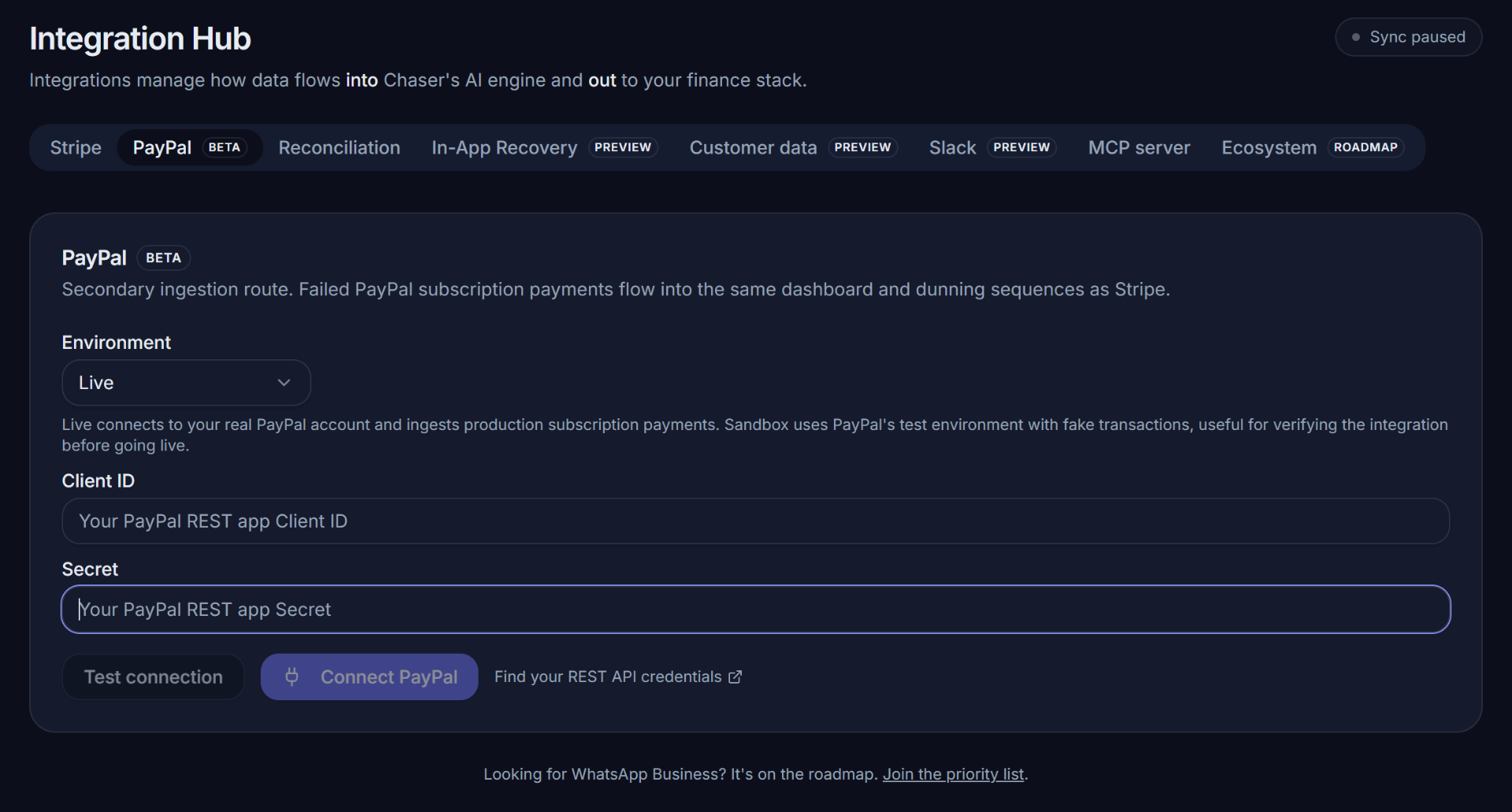 The PayPal integration hub: connect your PayPal REST app, test the connection, and choose between Live and Sandbox environments. Workspace-scoped and disconnectable any time.