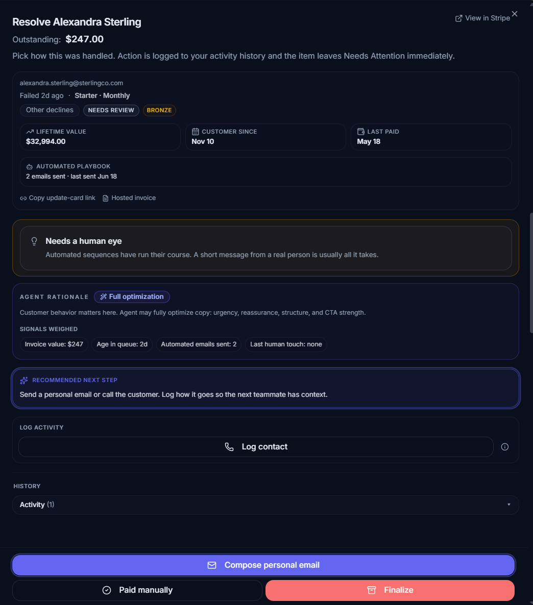 Resolve drawer for Alexandra Sterling: automation recommends a human eye, shows customer context, lifetime value, and a primary Compose personal email action.