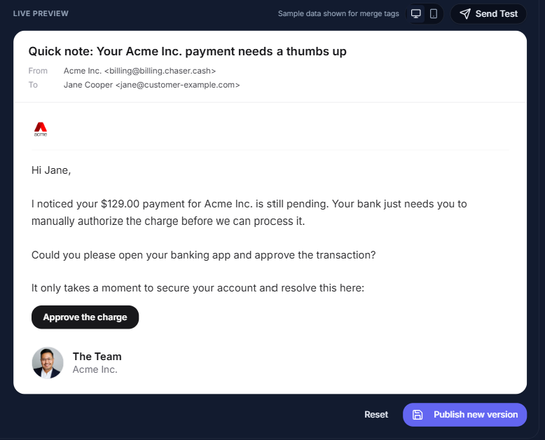 The recovery email as the customer receives it: branded, plain-spoken, one click to fix.