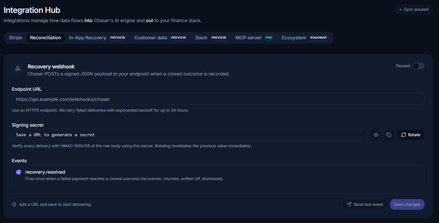 The recovery webhook: signed payloads on every closed outcome, with delivery history and test events.