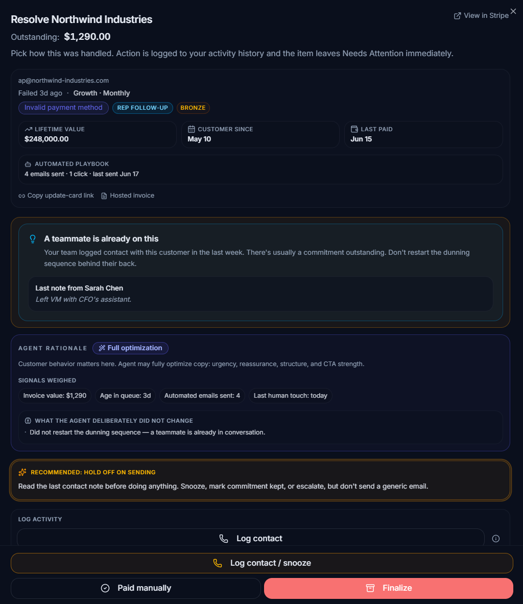 Resolve drawer for Northwind Industries: a teammate is already on this account, so the panel recommends holding off on sending, surfaces the last note from Sarah Chen, and elevates Log contact / snooze instead of a generic email.